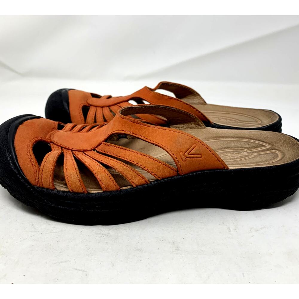 KEEN CALISTOGA ORANGE LEATHER WOMEN'S SLIDES LEATHER INSOLES SIZE 7 - Picture 3 of 6